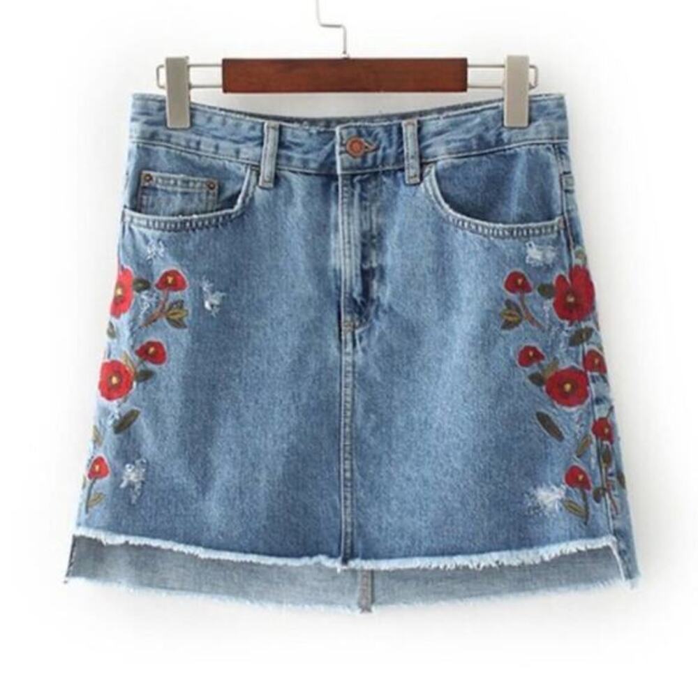 ZARA Floral Embroidered Jean Mini Skirt